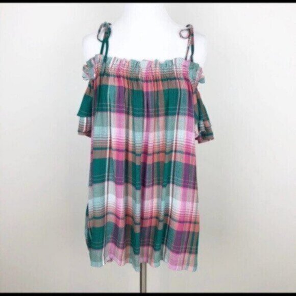 Ann Taylor LOFT | Off Shoulder Green Mauve Plaid Blouse Size Medium - Picture 3 of 8